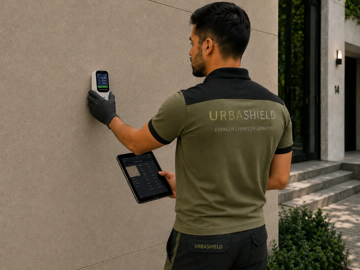 Operario URBASHIELD realizando medición de color en fachada