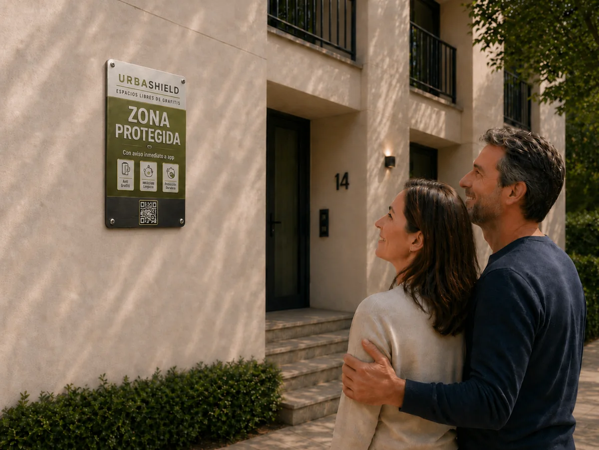 Placa disuasoria URBASHIELD instalada en una comunidad